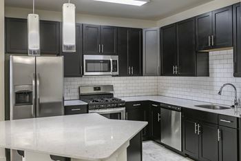 A kitchen with stainless steel appliances and black cabinets